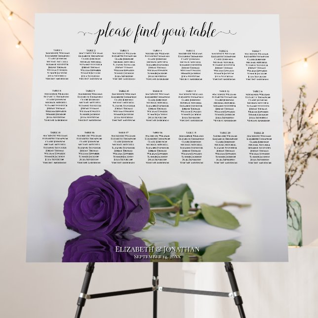 21 Table Royal Purple Rose Wedding Seating Chart Foam Board (In Situ (Stand))
