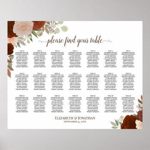21 Table Rust Orange Floral Wedding Seating Chart