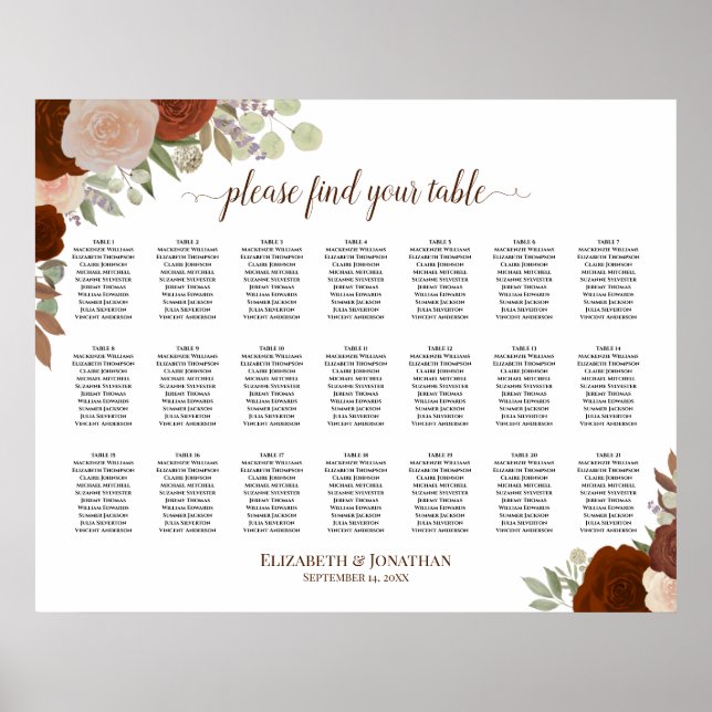 21 Table Rust Orange Floral Wedding Seating Chart (Front)
