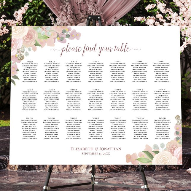 21 Table Rustic Pink Roses Wedding Seating Chart Foam Board (In Situ on Stand with Flowers)