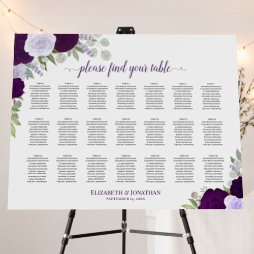 21 Table Rustic Purple Roses Wedding Seating Chart Foam Board
