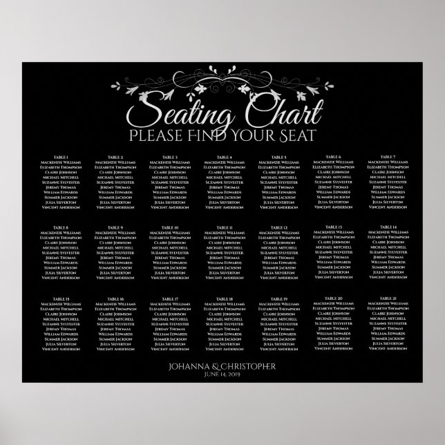 21 Table Simple Black Wedding Seating Chart (Front)