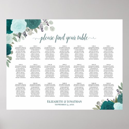 21 Table Teal Boho Floral Wedding Seating Chart