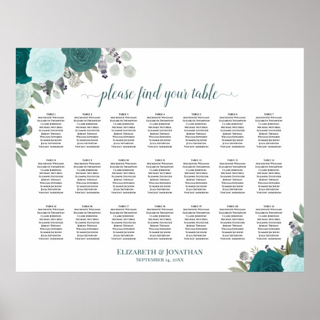 21 Table Teal Boho Floral Wedding Seating Chart (Front)