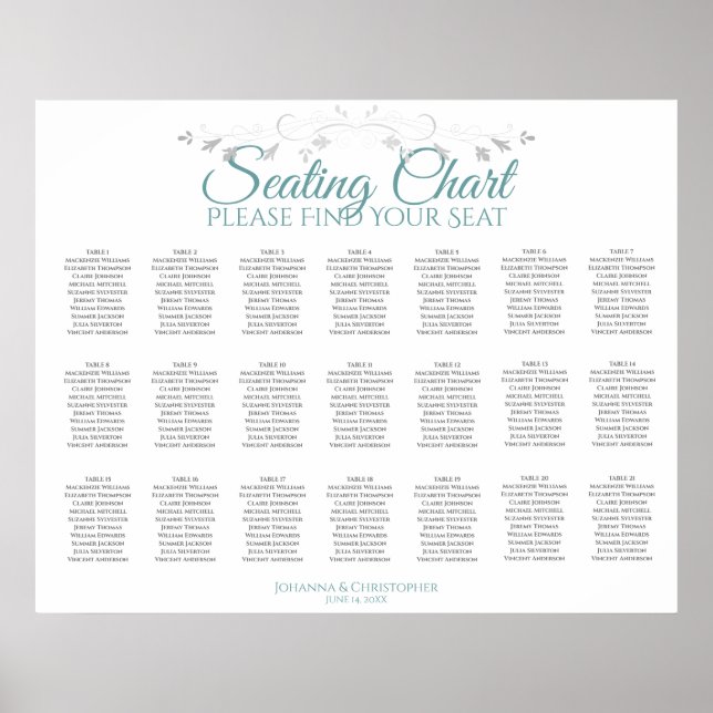 21 Table Teal & Gray Wedding Seating Chart (Front)