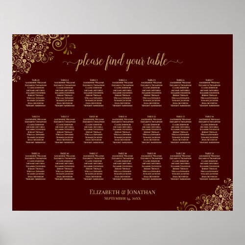 21 Table Wedding Seating Chart Auburn Gold Frills