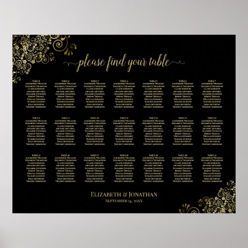 21 Table Wedding Seating Chart Black  Gold Frills