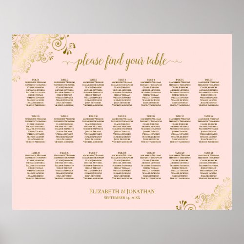 21 Table Wedding Seating Chart Blush Pink  Gold