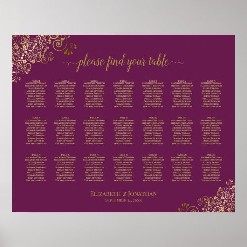 21 Table Wedding Seating Chart Cassis Purple Gold