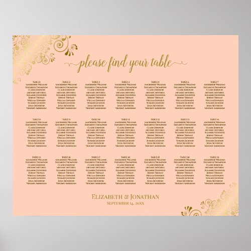 21 Table Wedding Seating Chart Coral Peach  Gold