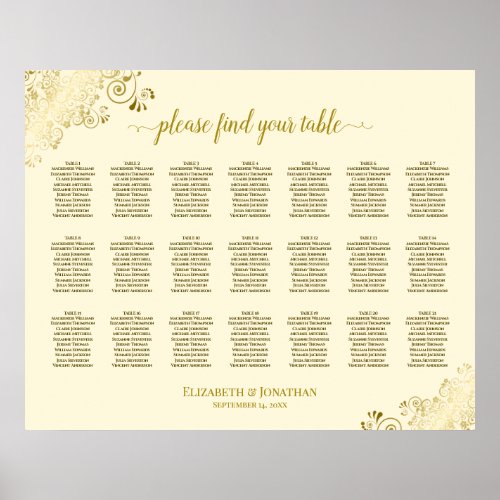 21 Table Wedding Seating Chart Cream  Gold Frills