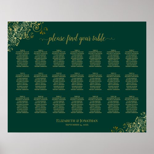 21 Table Wedding Seating Chart Emerald Green Gold