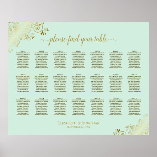 21 Table Wedding Seating Chart Mint Green  Gold