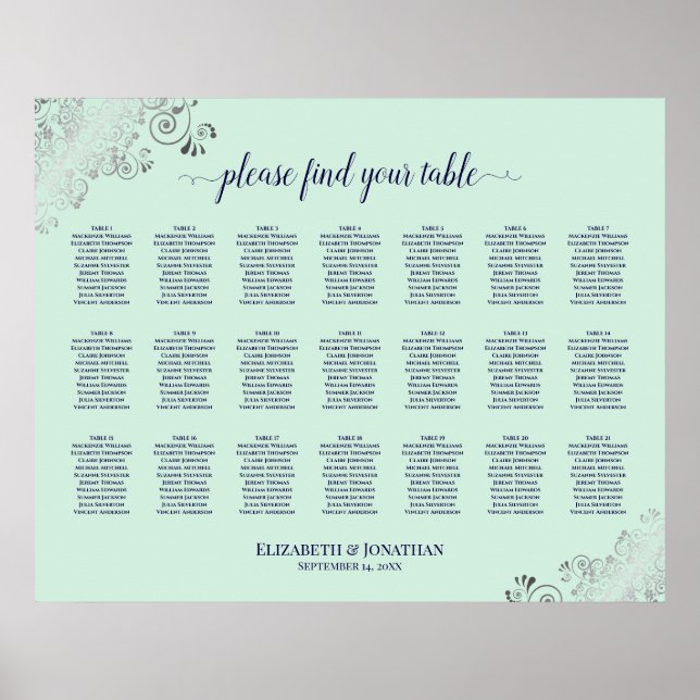 21 Table Wedding Seating Chart Mint Green & Navy (Front)