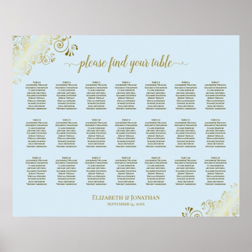 21 Table Wedding Seating Chart Powder Blue  Gold