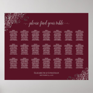 21 Table Wedding Seating Chart Silver on Burgundy