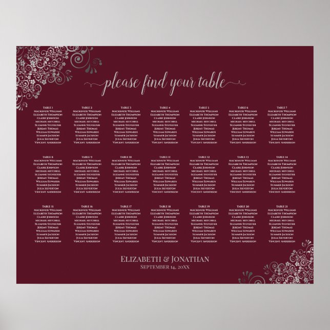21 Table Wedding Seating Chart Silver on Burgundy (Front)