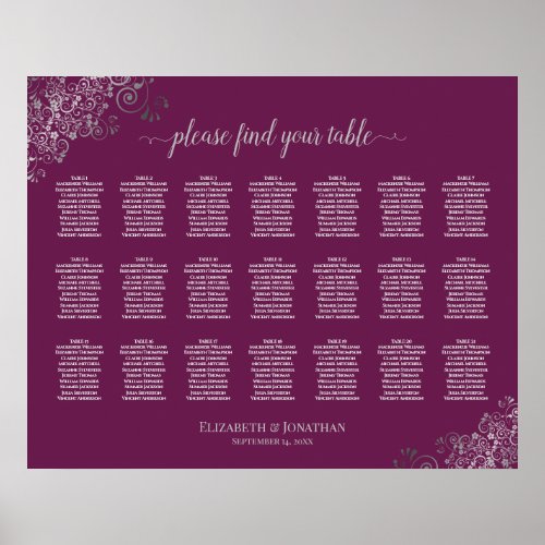 21 Table Wedding Seating Chart Silver on Cassis