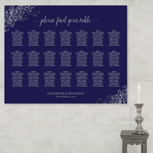 21 Table Wedding Seating Chart Silver on Navy Blue