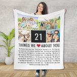 21 Things We Love About You | 21st Birthday Fleece Blanket<br><div class="desc">Looking for a unique birthday gift? Compile a list of 21 things you love about them, add some photos and you have the perfect gift they will treasure. This is perfect for a milestone birthday and if you're throwing a party why not ask guests to add they things to your...</div>