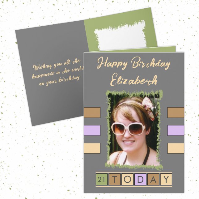 21 today add photo and name grey brown birthday card (Creator Uploaded)