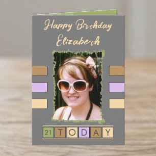 21 today add photo and name grey brown birthday card