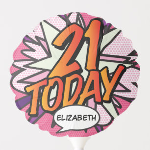 21 TODAY Birthday Fun Retro Comic Book Pink Balloon