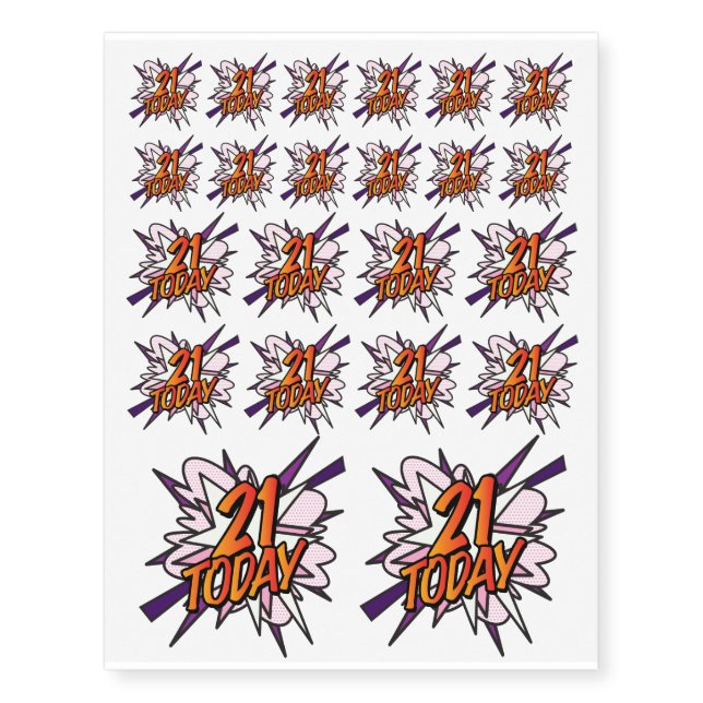 21 TODAY Fun Retro Comic Book Temporary Tattoos (Front)