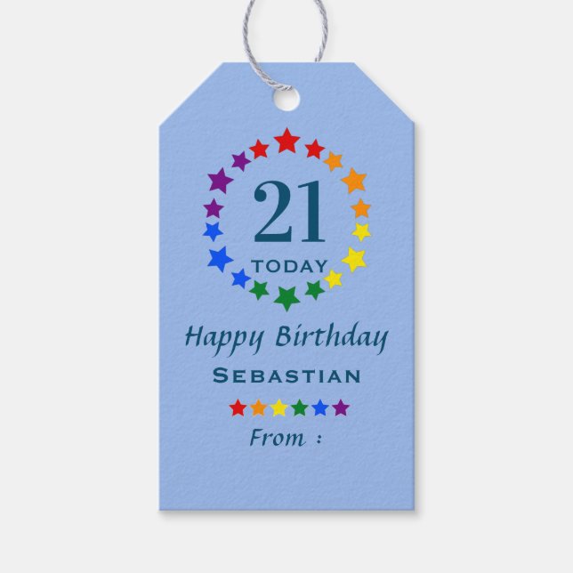 21 Today Rainbow Stars | Blue Any Age Birthday Gift Tags (Front)
