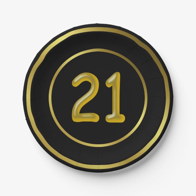 21 Twenty One Birthday, Black and Gold Paper Plates (Front)