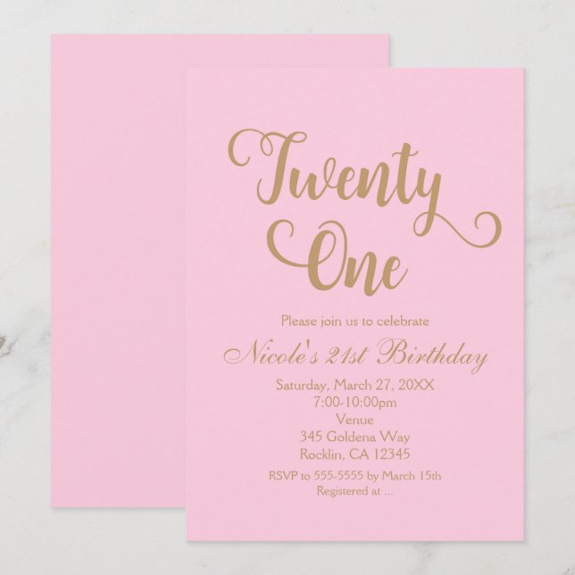 21 Twenty One Pink Gold Birthday Party Invitations (Front/Back)