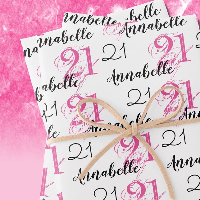21 years pink 21st birthday Add Names Wrapping Paper Sheets (in-situ depiction of wrapping paper set)