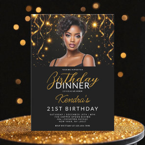 21s Birthday Dinner Gold Black Photo Instagram  Invitation