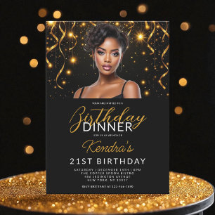 21s Birthday Dinner Gold Black Photo Instagram Invitation