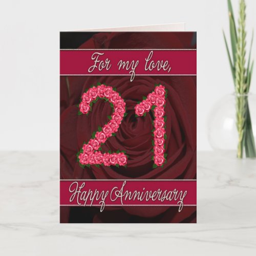 21st anniversary card with roses and leaves