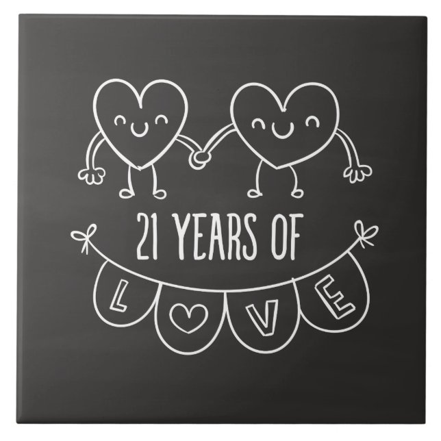 21st Anniversary Gift Chalk Hearts Ceramic Tile (Front)
