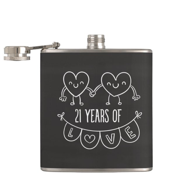 21st Anniversary Gift Chalk Hearts Flask (Opened)