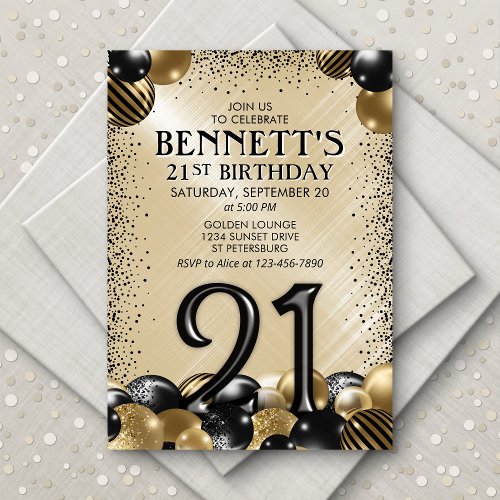 21st Balloons Black Gold Birthday Invitation