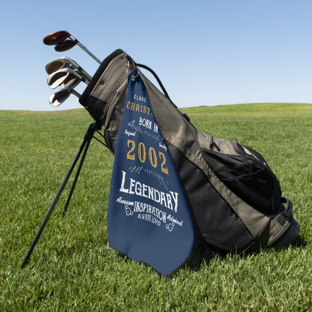 21st Birthday 2002 Add Name Retro Legend Blue Gold Golf Towel (Green)