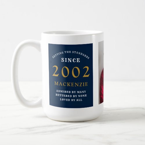 21st Birthday 2002 Blue Gold Add Name Photo Large Coffee Mug