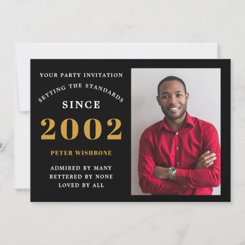 21st Birthday 2002 Name Photo Black Gold Invitation