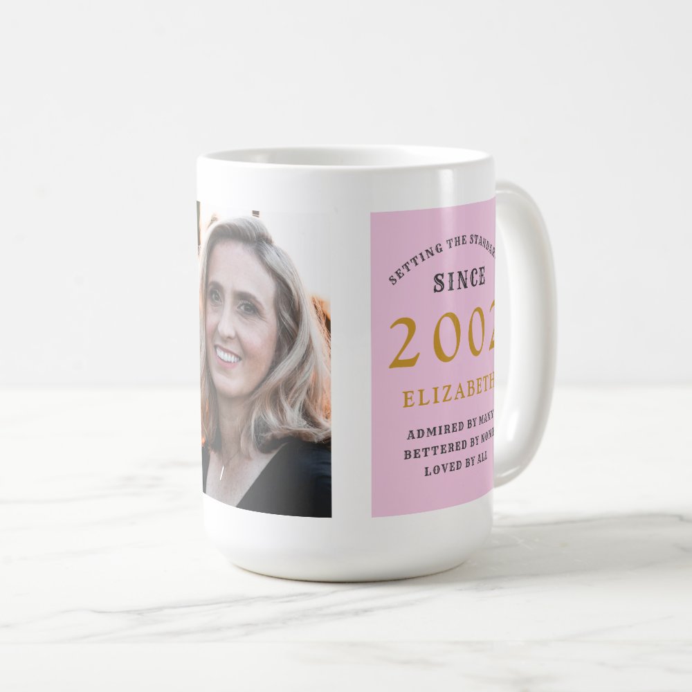 Birthday Pink Grey Add Name Photo Large Custom Coffee Mug