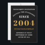 21st Birthday 2004 Black Gold Personalized For Him Invitation<br><div class="desc">For those born in 2004 and celebrating their 21st birthday party we have the ideal birthday invitation card. The black background with a white and gold design is simple and yet elegant. Easily customize the text to the front and the rear of this birthday invitation card using the template provided....</div>