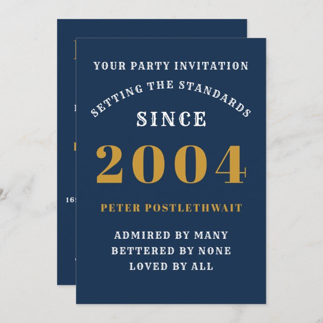 21st Birthday 2004 Blue Gold Personalized For Him Invitation (Front/Back)