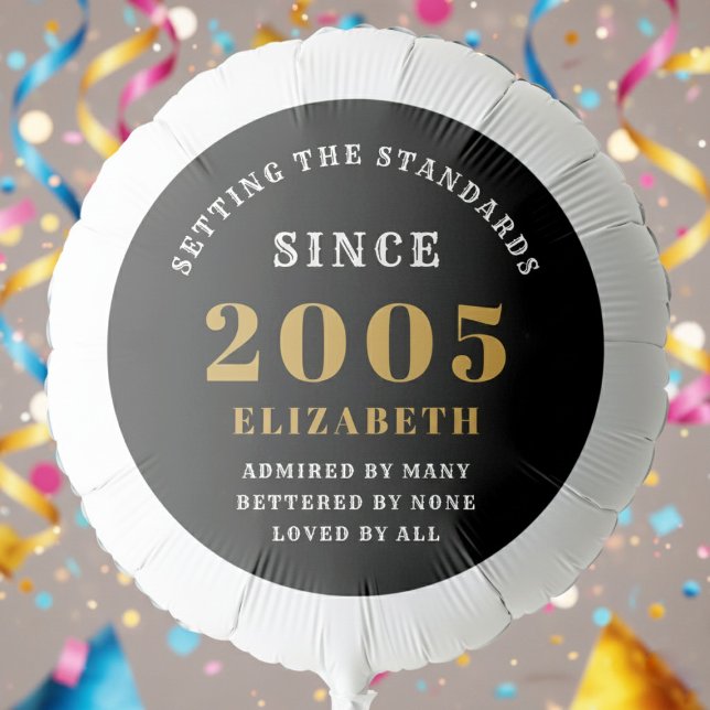 21st Birthday 2005 Add Name Black Gold Balloon (Born 2005 birthday balloon. Party streamer background.)