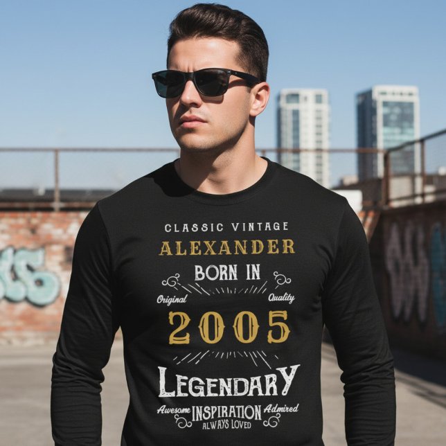 21st Birthday 2005 Add Name Black Gold Legendary T-Shirt (Born 2005 Legend long sleeve t-shirt. Urban background.)