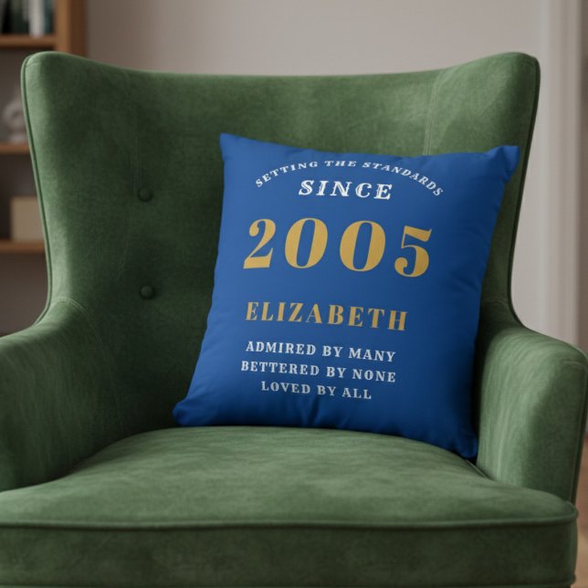 21st Birthday 2005 Add Name Blue Gold Personalized Throw Pillow (Blue 2005 throw pillow on a green velvet chair.)