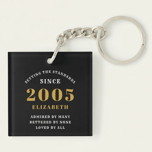 21st Birthday 2005 Black Gold Personalized Keychain (Born 2005 birthday keychain. Pastel background.)