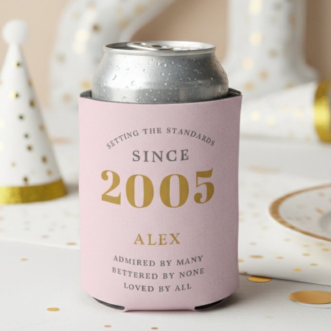 21st Birthday 2005 Keepsake Elegant Personalized Can Cooler (2005 pink can cooler on white background.)
