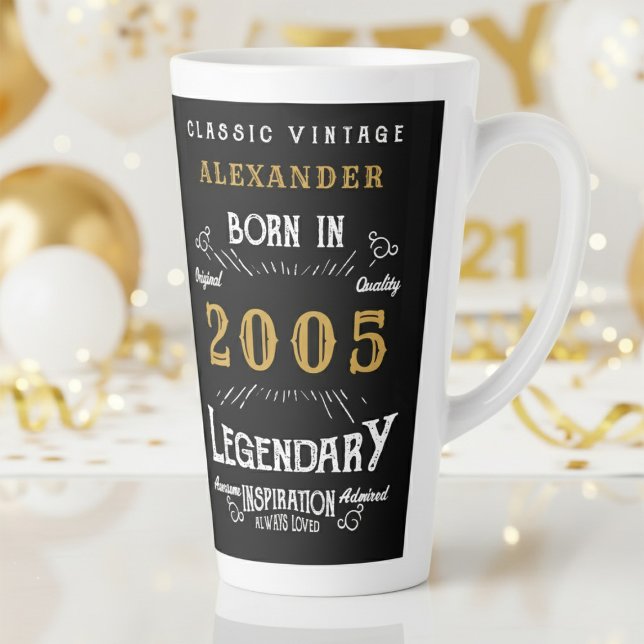21st Birthday 2005 Legendary Retro Latte Mug (2005 birthday latter mug on a white and gold background.)